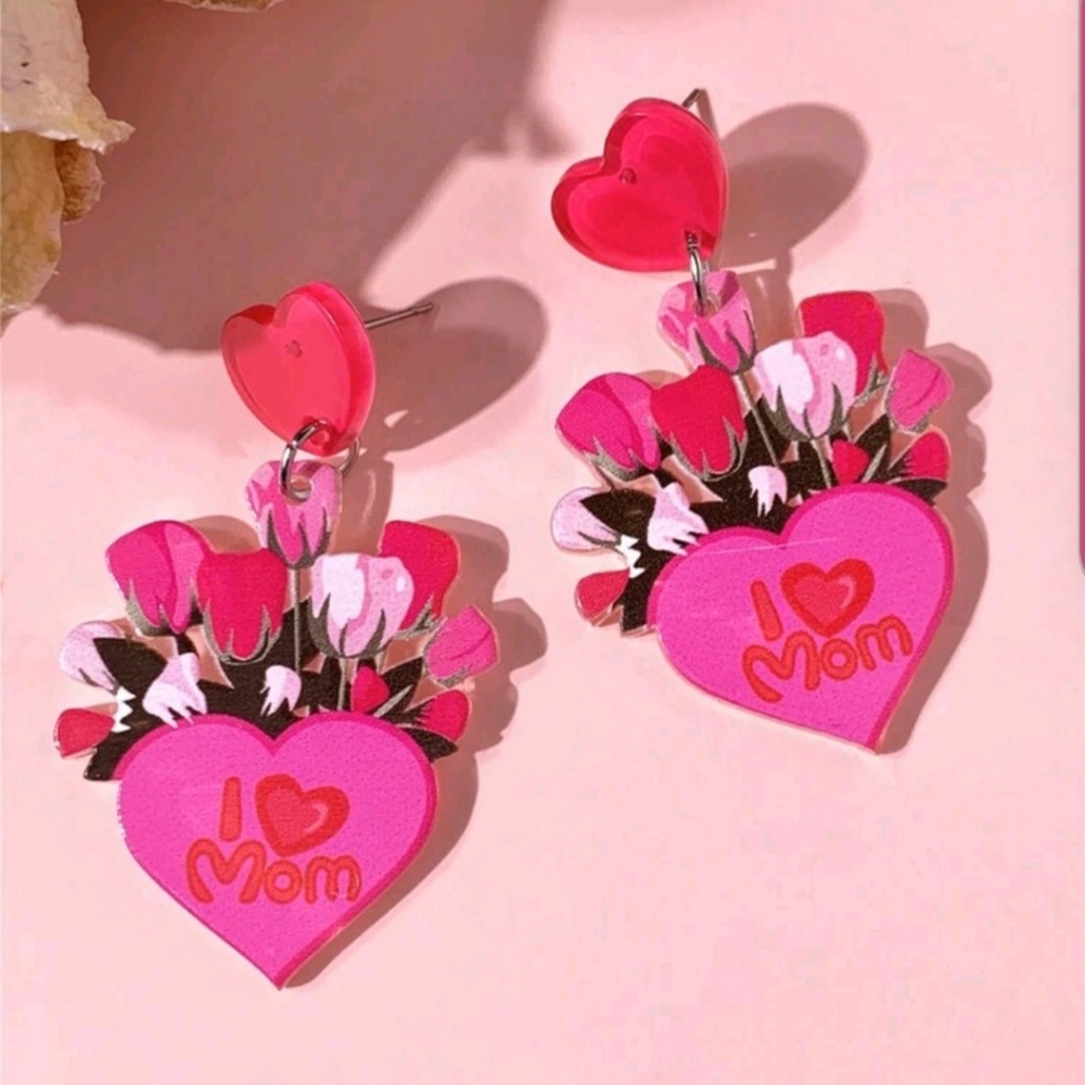 I Love Mom Pink Roses & Hearts Acrylic Dangle Drop Earrings New!